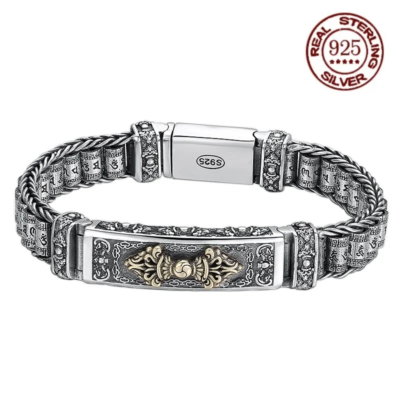 

100% pure solid S925 silver vintage leather embroidered men's bracelet thick bold trend personality jewelry