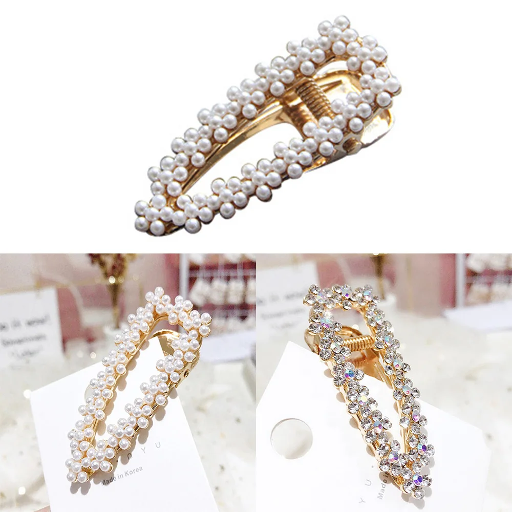 Korea Shiny Crystal Rhinestones Hairpins Geometric Waterdrop Imitiation Pearl Hair Clips Hair Accessories