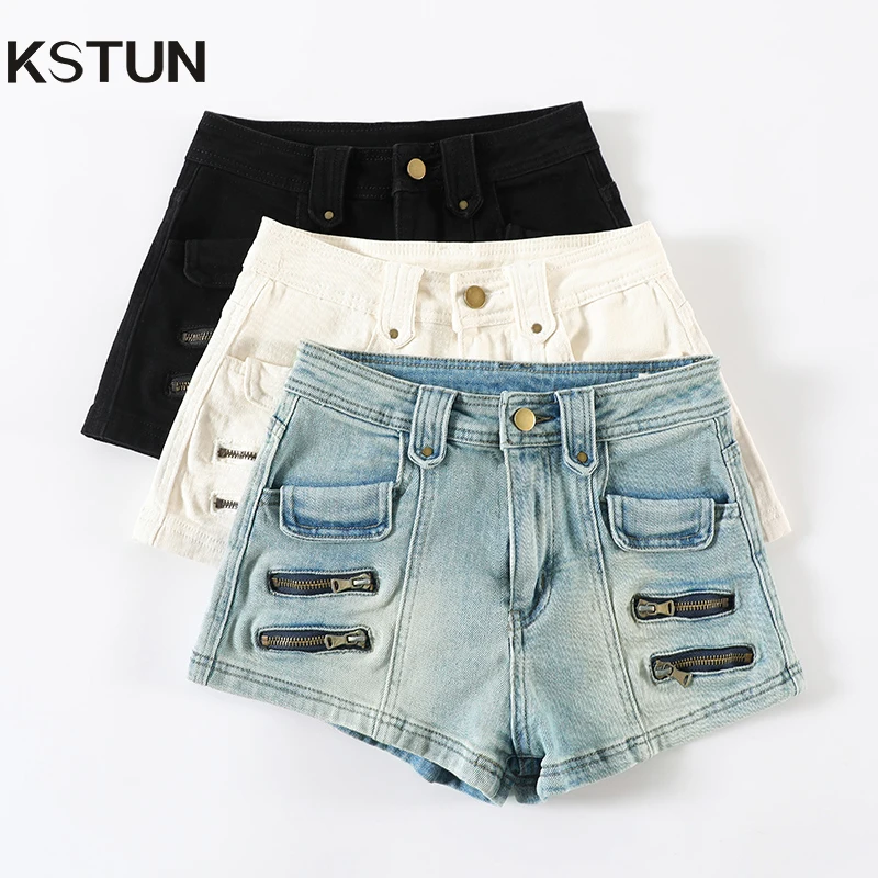 

KSTUN 2025 летние джинсовые шорты для женщин, эластичные джинсовые шорты с высокой талией, сексуальные модные облегающие шорты трапециевидной формы на молнии, винтажный дизайн
