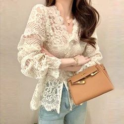 Women's Clothing 2024 Spring Autumn Sexy Hollow Out Lace Chic Vintage T-shirts Female Casual Solid V Neck Slim Long Sleeve Tops