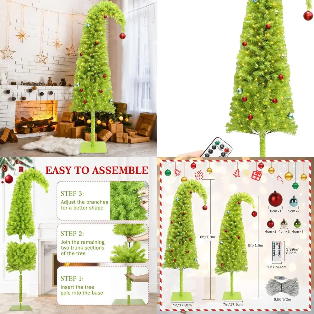 شجرة عيد الميلاد الخضراء الليمونية غريب الأطوار، بطول 6 أقدام مع 150 مصباح مؤقت LED، كرات وزخارف، شجرة أقلام صناعية قابلة للانحناء لـ #1