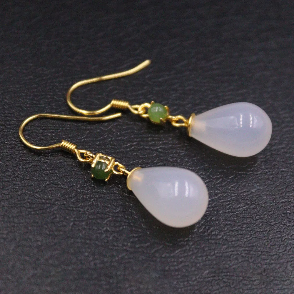 

New Sterling Silver S925 White Chalcedony Drop Lucky Dangle Earrings Women's Gift