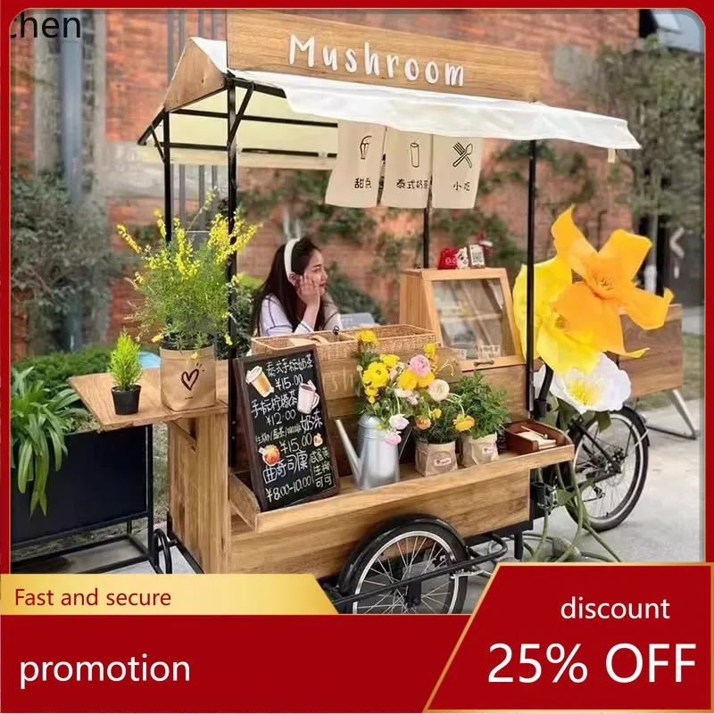 CZ Solid Wood  Cart Outdoor Mobile Reverse Three-Wheel Coffee Food Cart Promotion Stall Night Market Scenic Area Mobile Cart