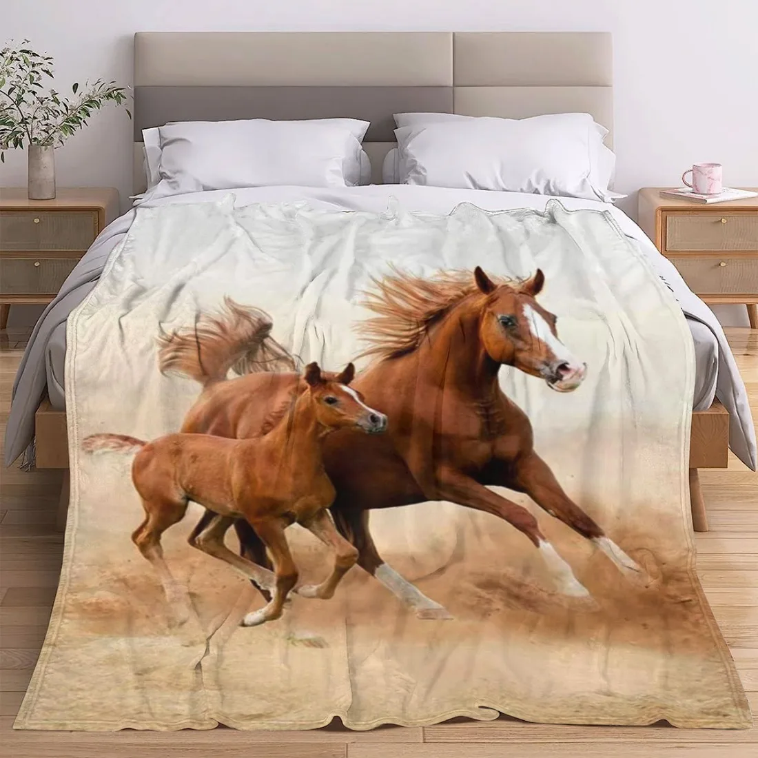 Rustic Horse Couple Print Throw Blanket Polyester Fleece Sofa Bed Decor Equestrian Animal Farm Style Cozy Winter Gift