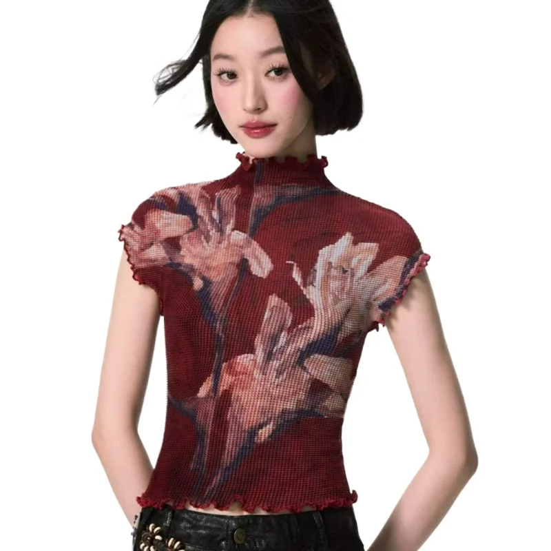 

Модная повседневная универсальная приталенная футболка с полувысоким воротником и коротким рукавом, плиссированная, с принтом «Лилия», для женщин, лето 2026