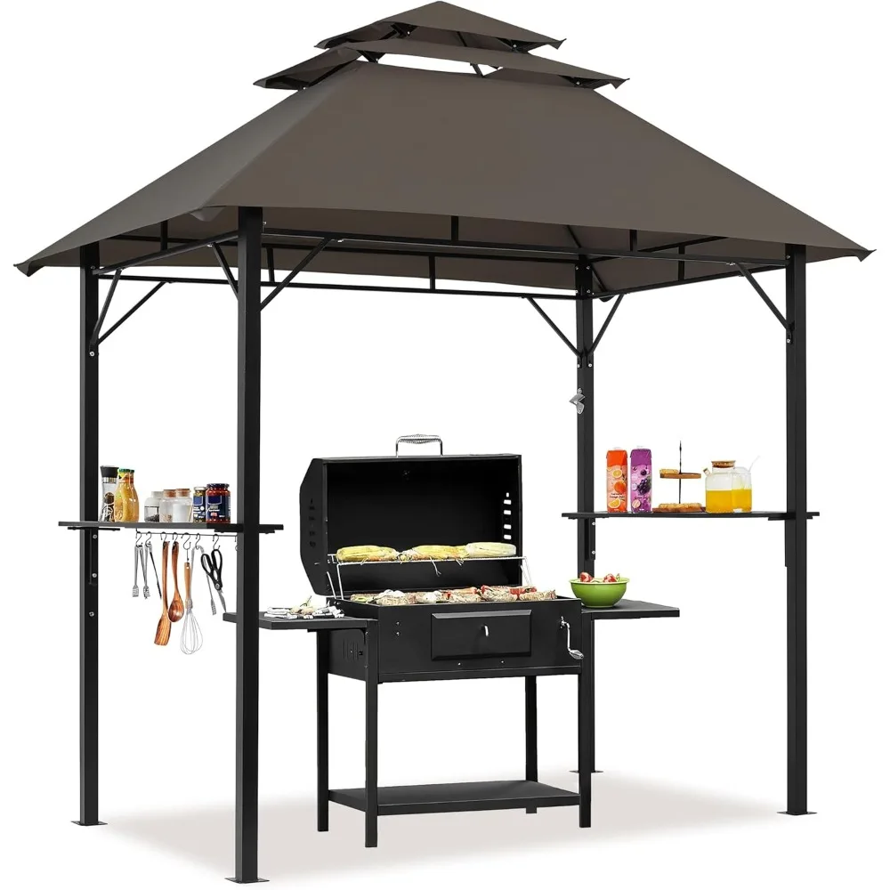 

8x5' Grill Gazebo, 3-Tier Outdoor BBQ Gazebo with Height-Adjustable Shelves & 10 S-Shaped Hooks & Built-in Bottle Opener, Brown