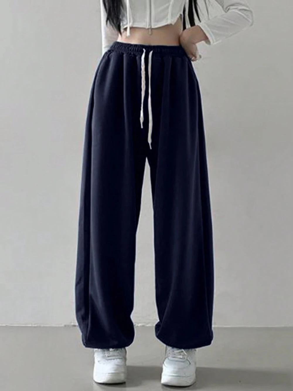 Pantaloni da jogging casual con tasca frontale con coulisse in tinta unita da donna, pantaloni larghi da donna con gamba dritta sportiva da jogging da donna