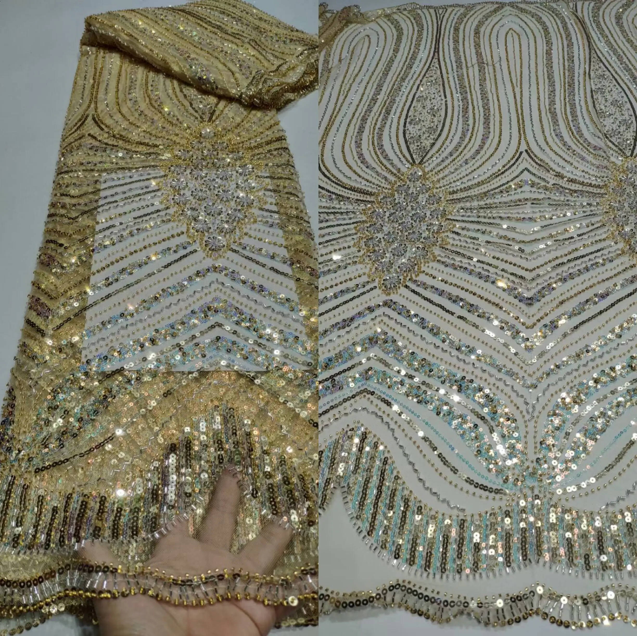 

African French Tulle Lace Fabric L-1228687 High Quality Lace With Sequins bead Nigerian Lace Fabrics For Wedding Dress Sewing
