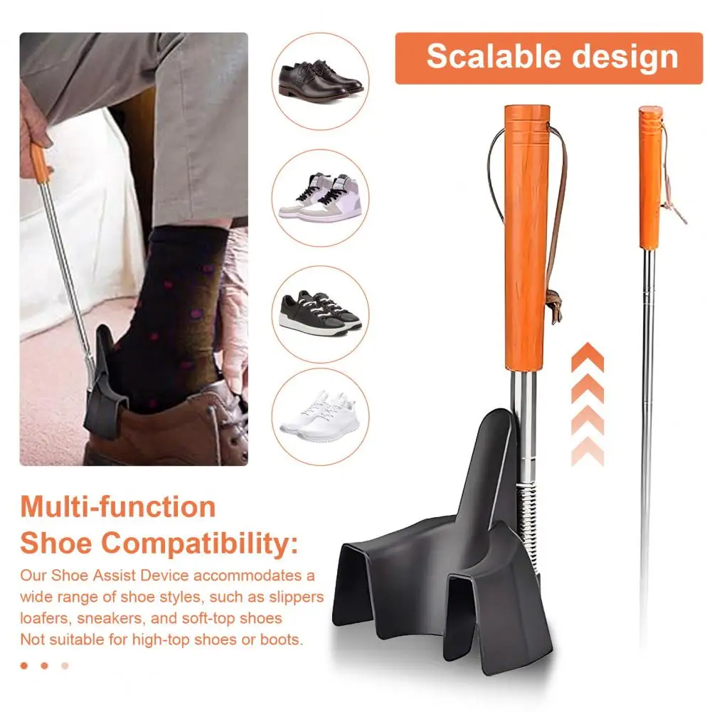 Shoe Wearing Ant Stainless Steel Telescopic Shoe Horn with Wooden Handle for Seniors Portable Shoe Device for Sneakers for Easy