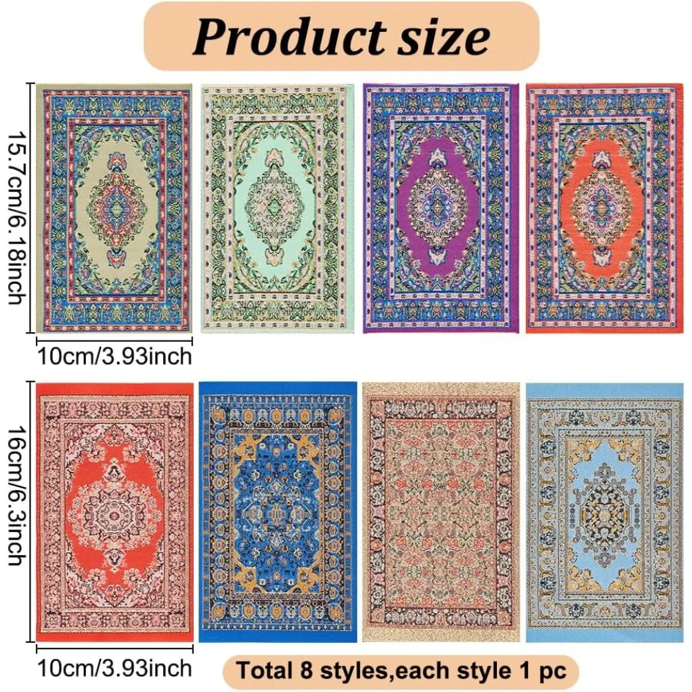 8 Pcs 8 Styles Dollhouse Rugs Miniature Vintage Blankets Mini Turkish Floor Carpe Dollhouse Furniture Accessories for DIY