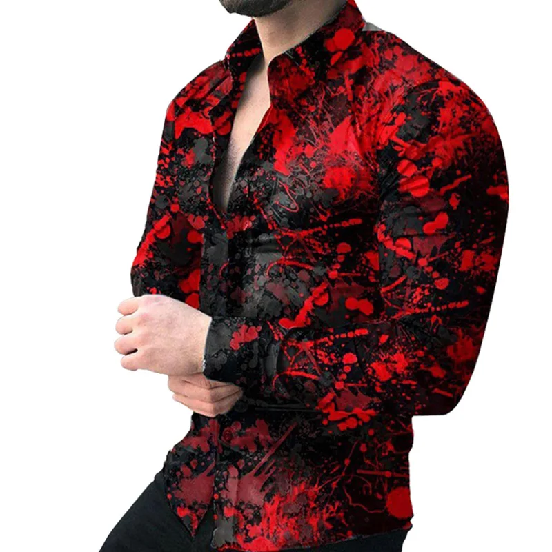 Splatting Ink Hawaii Shirts Graphi Print Shirts Men Fashion Shirts Long Sleeve Beach Blouse Cuba Lapel Shirts Men\'s Clothing Y2k