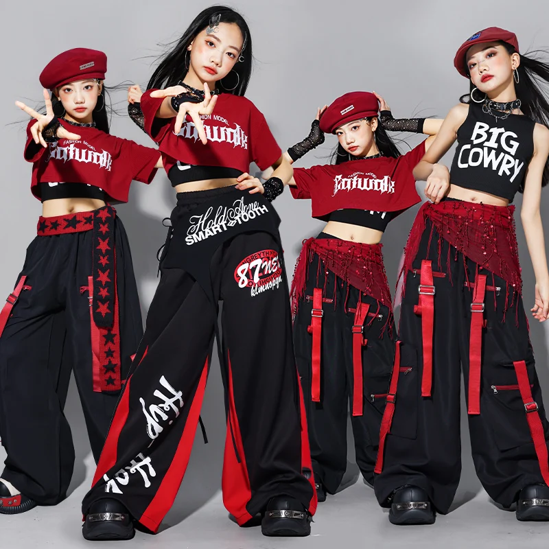 Girls K-pop Clothing Red Crop Top Contrast Cargo Pants ‌Kids Hip Hop Streetwear Jogger Child Jazz Girl Group Dance Clothes Sets