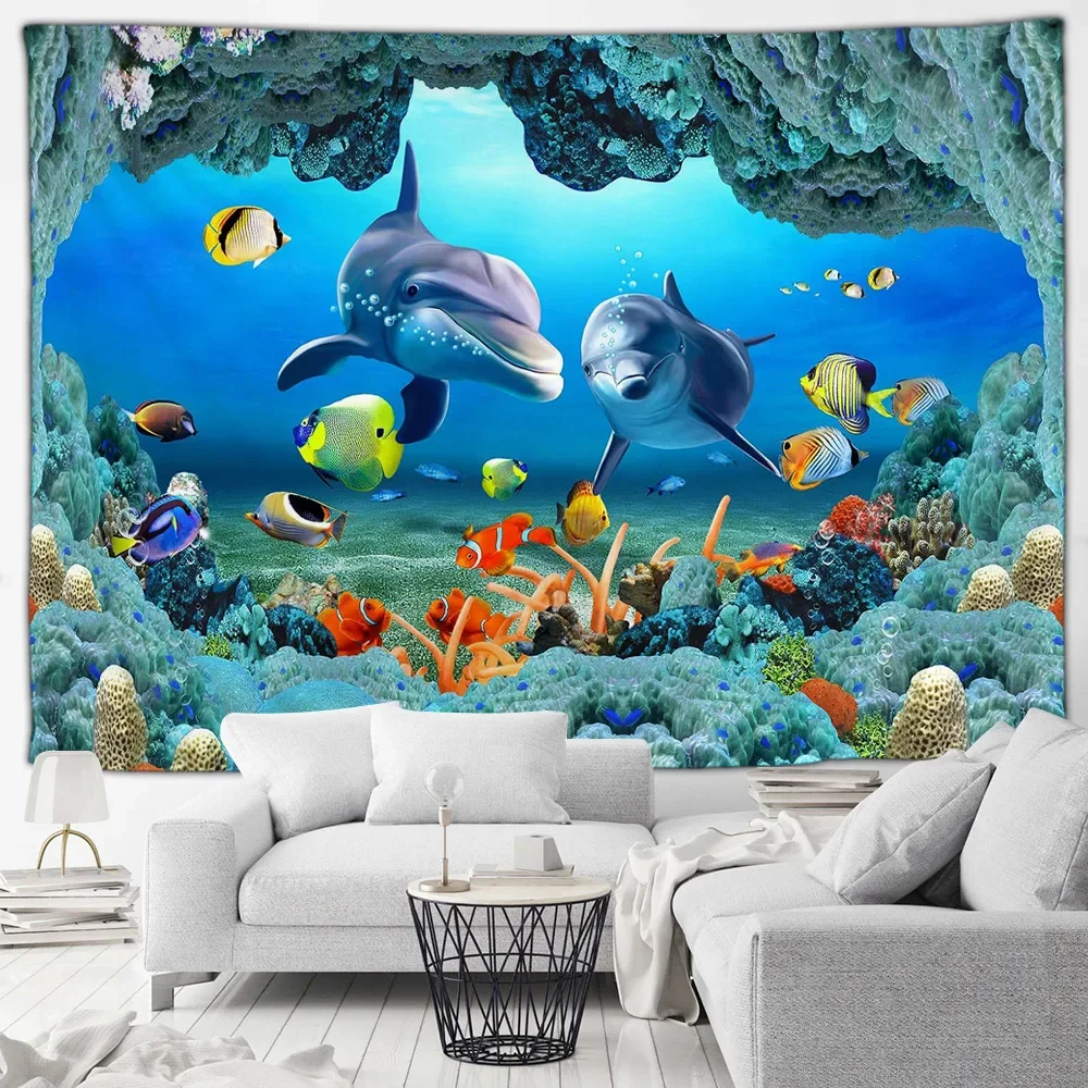 

Ocean Underwater Animals Tapestry Dolphins Turtles Underwater World Landscape Home Wall Hanging Art decor Living Room Tapestry