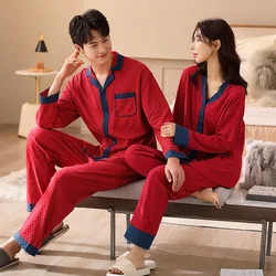 Couples V-Neck Pajamas Festive Red Pajama Sets Sleepwear Long Sleeve Tops + Pants Pyjamas Cotton Home Clothing Pijamas Mujer