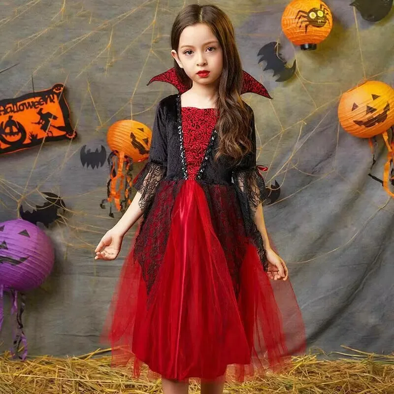 Halloween-Kinderen Vampiers Kleden Cosplay Kostuum Rood Vakantiefeest Lange Jurk Vrouw Kostuumbal Toneelkleding