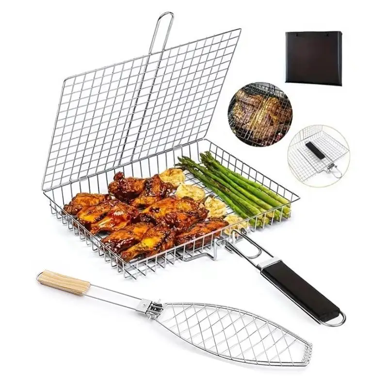 Foldable 304 Stainless Steel BBQ Grill Basket 1Pcs Heavy Duty Non-Stick Grilling Tool for Outdoor Backyard Barbecue
