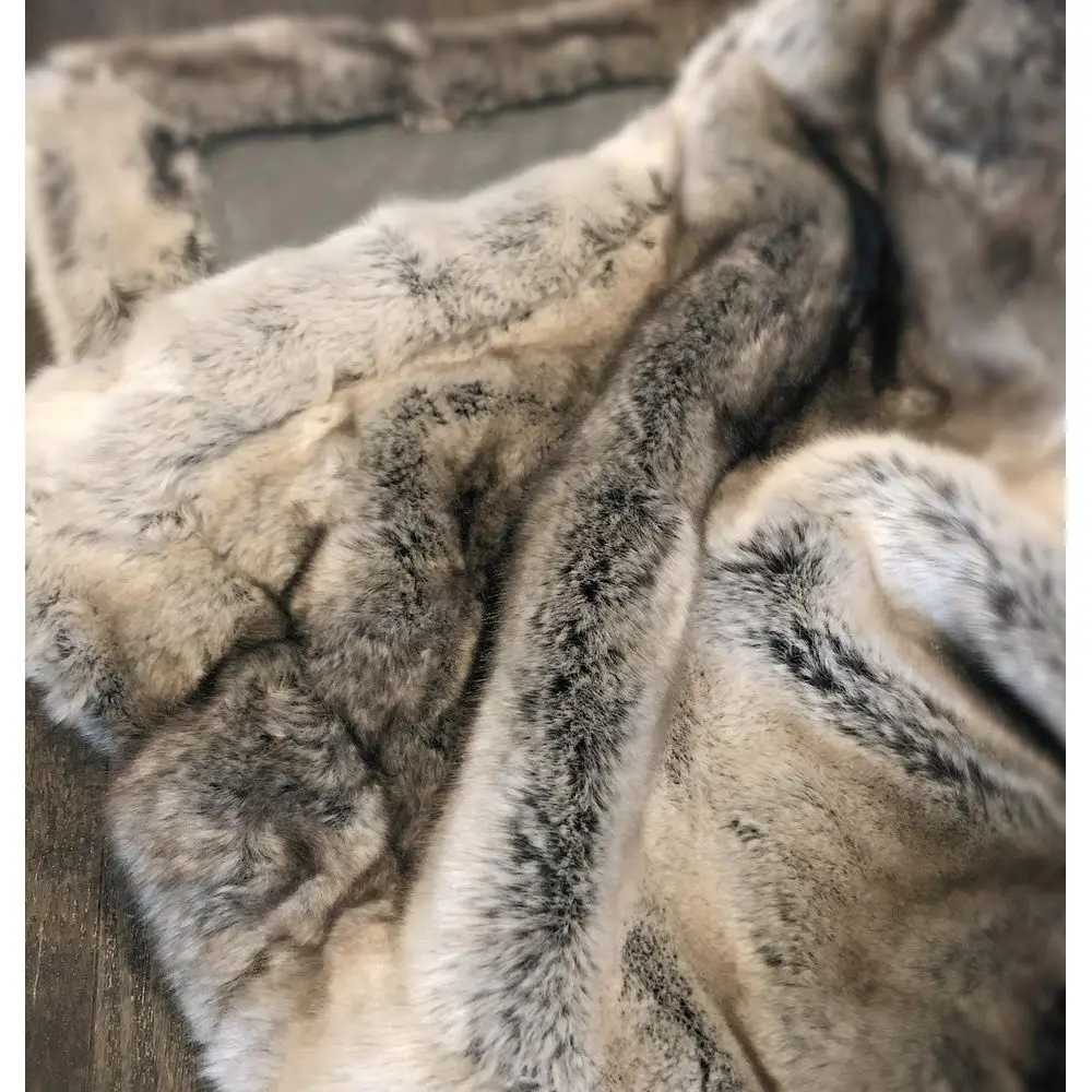 Luxury Faux Fur Throw Blanket Super Soft Oversized Thick Warm Afghan Reversible to Plush Velvet in Tan Grey Wolf, Cream Mink or