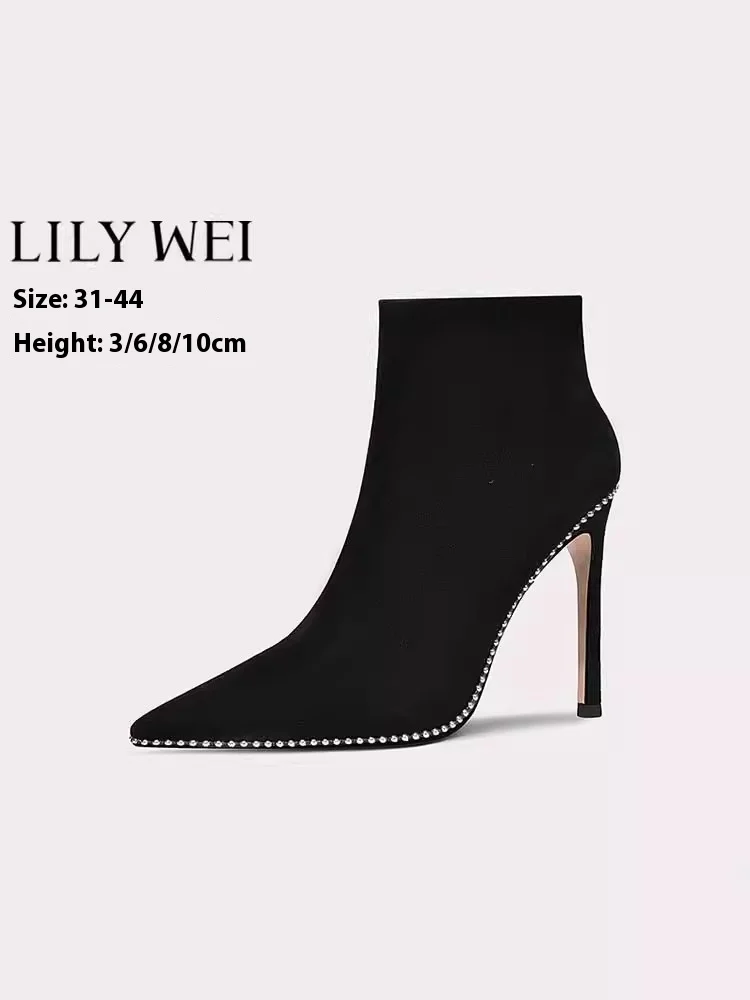 Stilet high-heeled women's shoes winter new pointed suede beaded simple short boots large size small size plush warm women boots