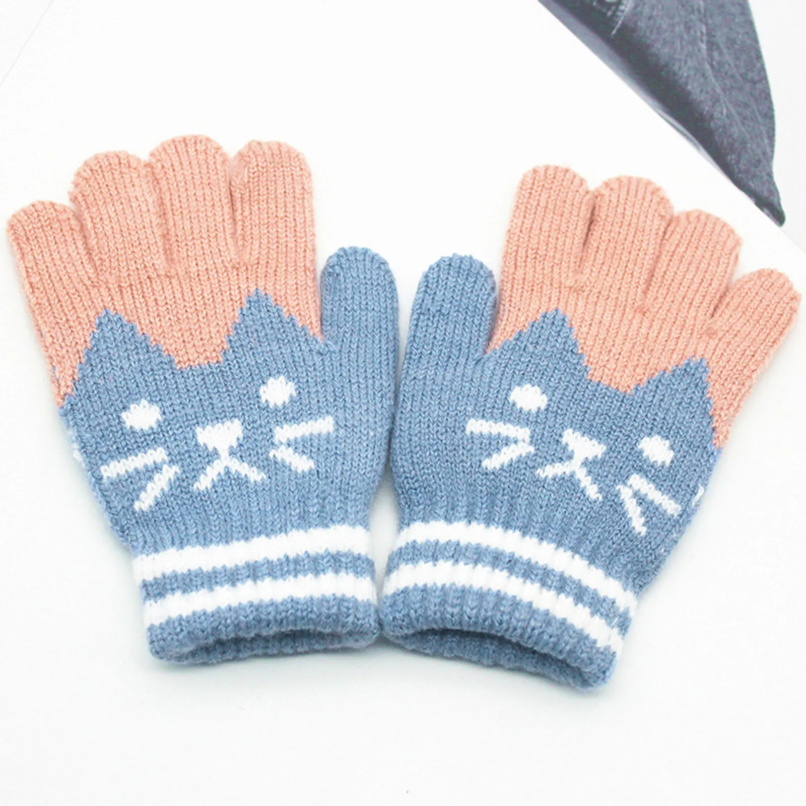 Winter Children\'s Plus Velvet Thickening Cute Cartoon Cat Point Finger Gloves