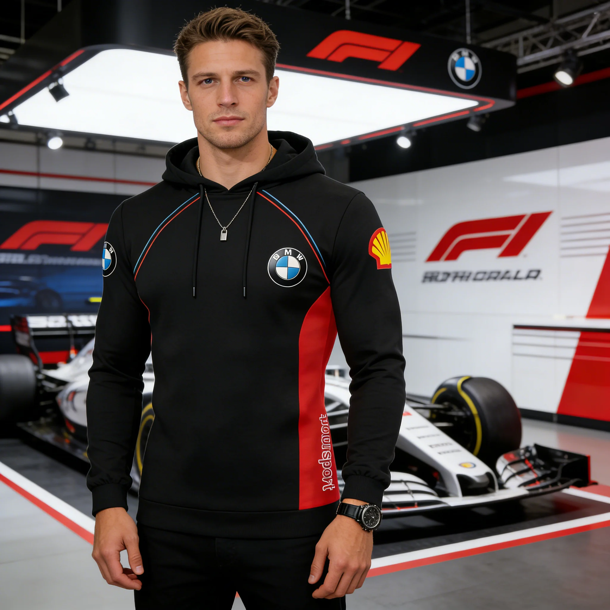 Bmw 레이싱 슈트 후드가 달린 스웨트셔츠 검정색과 빨간색 테두리 오토바이 스타일 스포츠 및 피트니스 활동 편안한 일상 생활