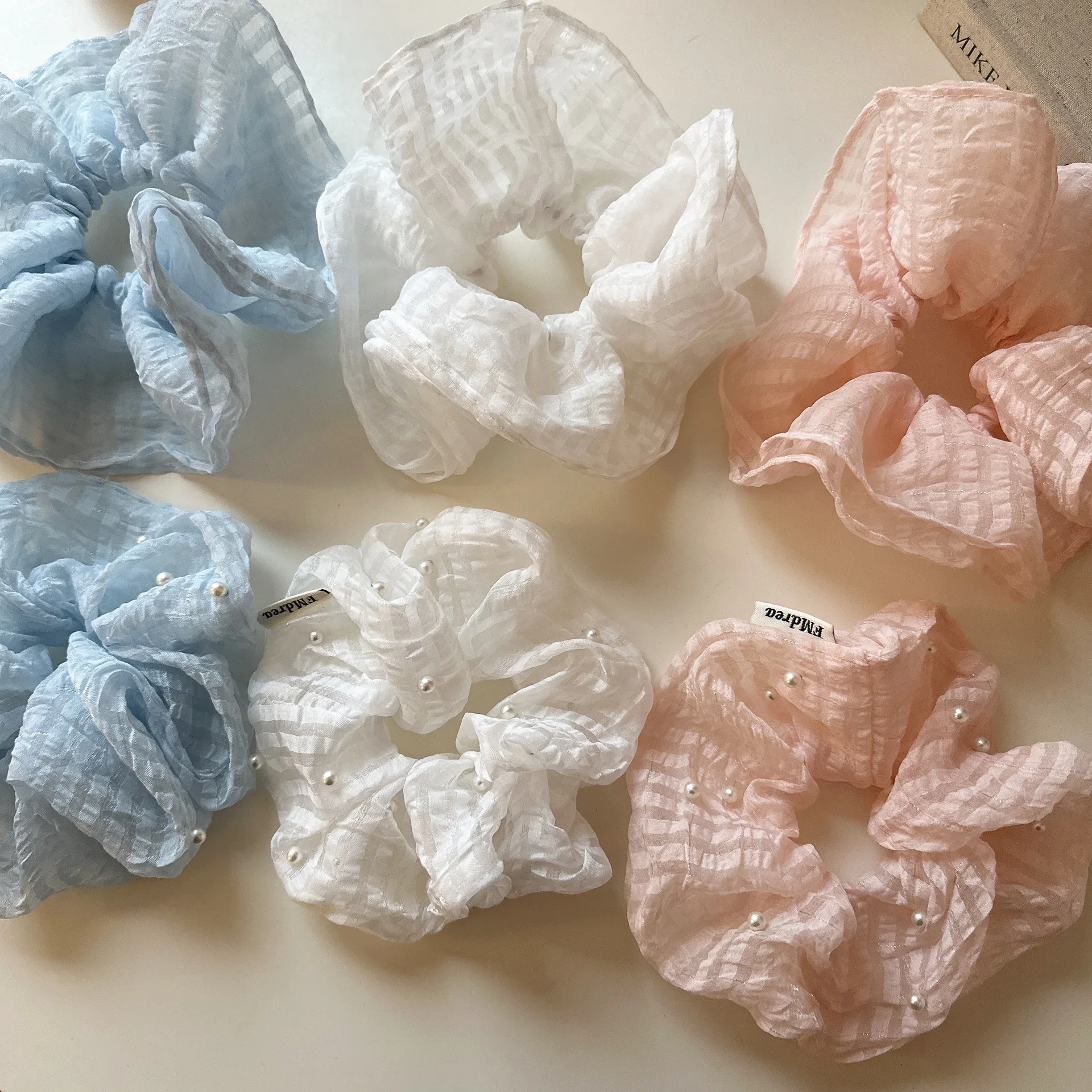 Premium Fluffy Scrunchie Mesh Striped Pearls Large Hair Ring for Messy Bun Low Pony Tail Soft Elastic Skirt Style