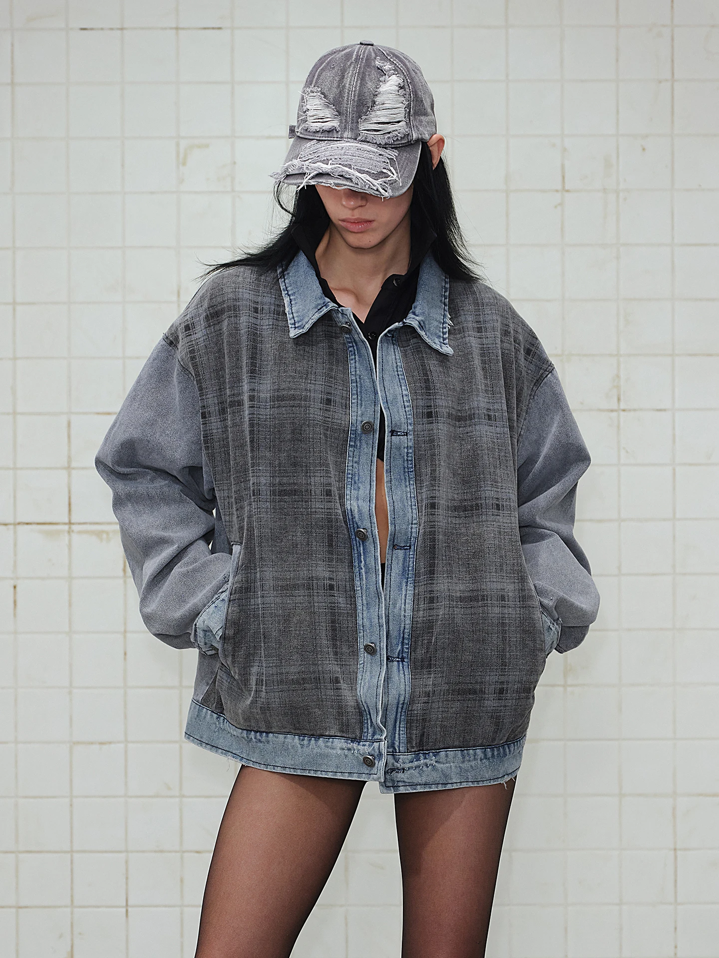 

Retro American Waed Denim Jaet for Men Spring Season Color Blo Plaid Splicing Couple Sle Workwear Outerwear