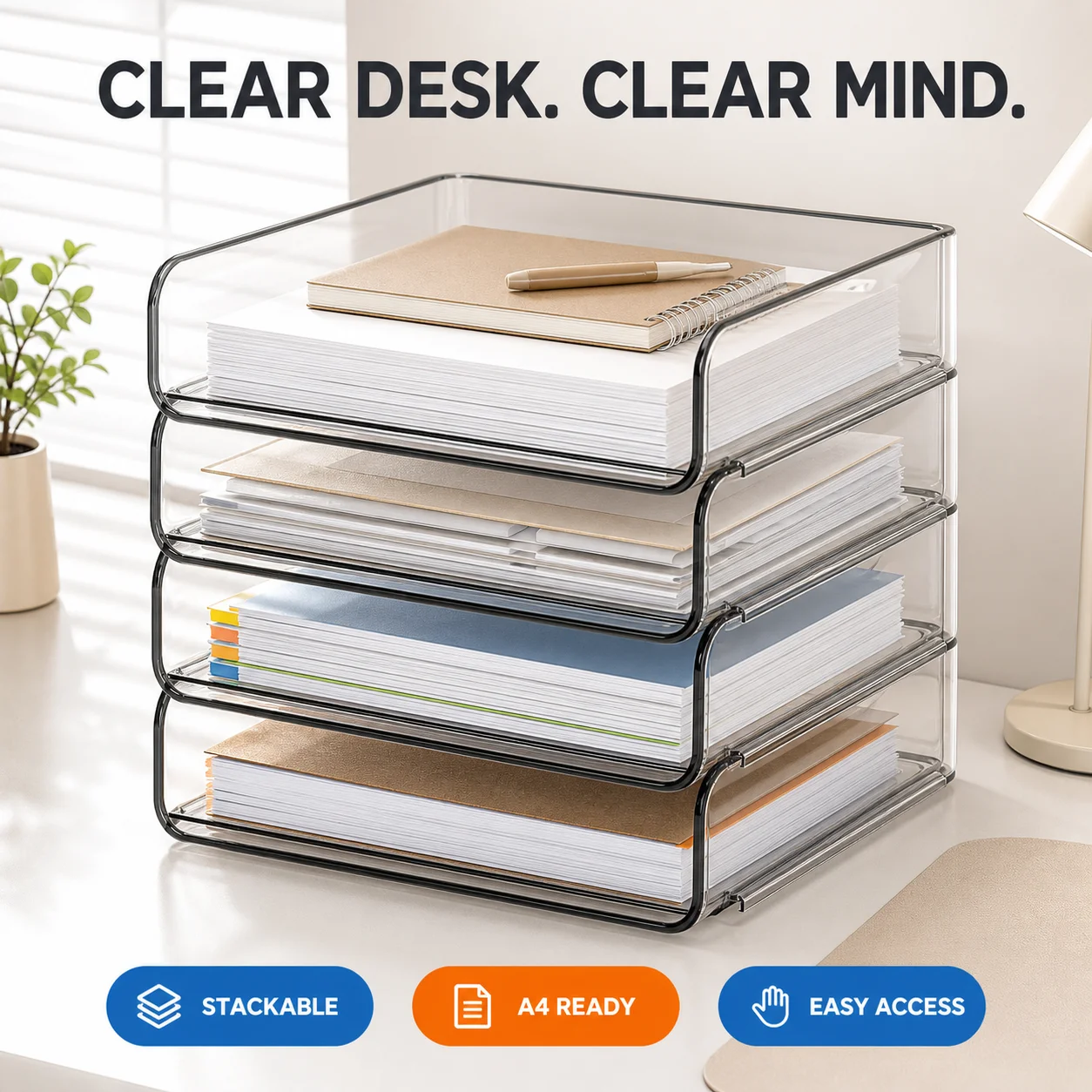 Organizador de Arquivos Empilhável para Mesa, Transparente, Modular, Bandeja para Papel A4, Suporte para Documentos para Escritório, Casa, Escola, Mesa de Estudante