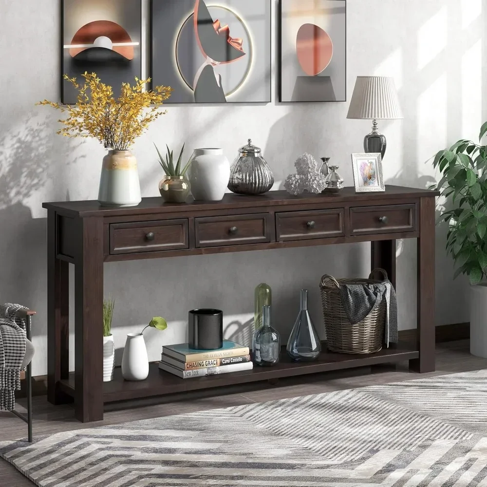 Vintage 4-Drawer Console Table for Entryway, Entry Hallway Foyer Behind Couch Sofa Table with Metal Handles