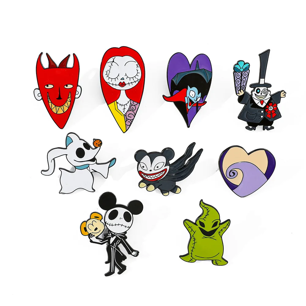 

Disney Mickey The Nightmare Before Christmas Cartoon Brooch Sally Bucky Jack Skellington Metal Badge Lapel Pins Kids Accessories