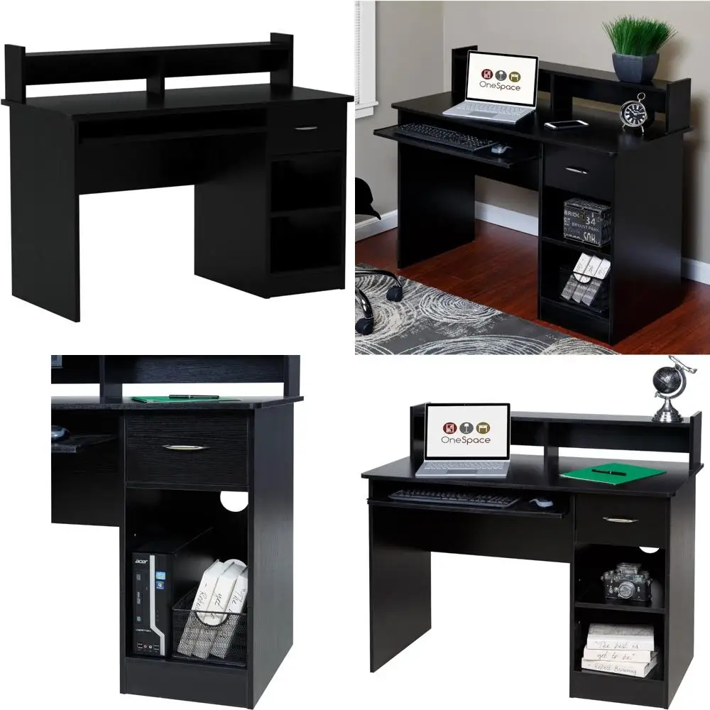 

Essential Computer Desk with Pull-Out Keyboard Tray and Hutch in Black