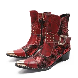 Autumn Men's Boots Spike Metal shoes and hats High-heeled Belt buckle Rivet Red Luxurious Increase Model