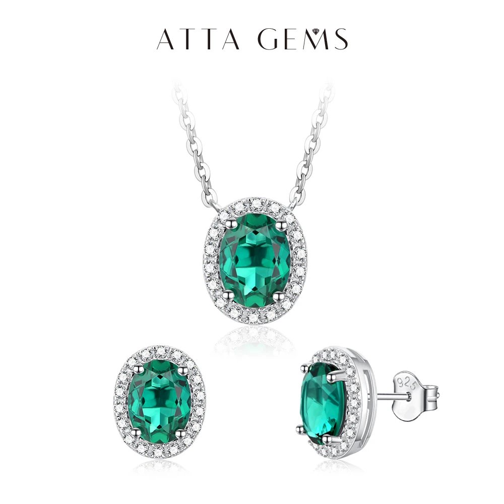 ATTAGEMS 925 Sterling Silver Jewelry Set for Women Lab Grown Oval Emerald Gemstone Stud Earrings Necklace Pendant Vintage Gifts