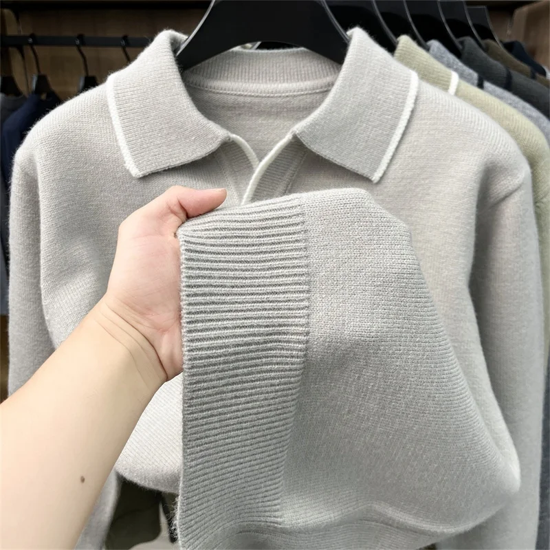 Luxusmarke Herren-Poloshirt mit Stickerei-Print, Herbst Neuheit, Einfarbig, Langarm, Revers-Strick-T-Shirt, Modische Business-Herrenbekleidung – Detail 14