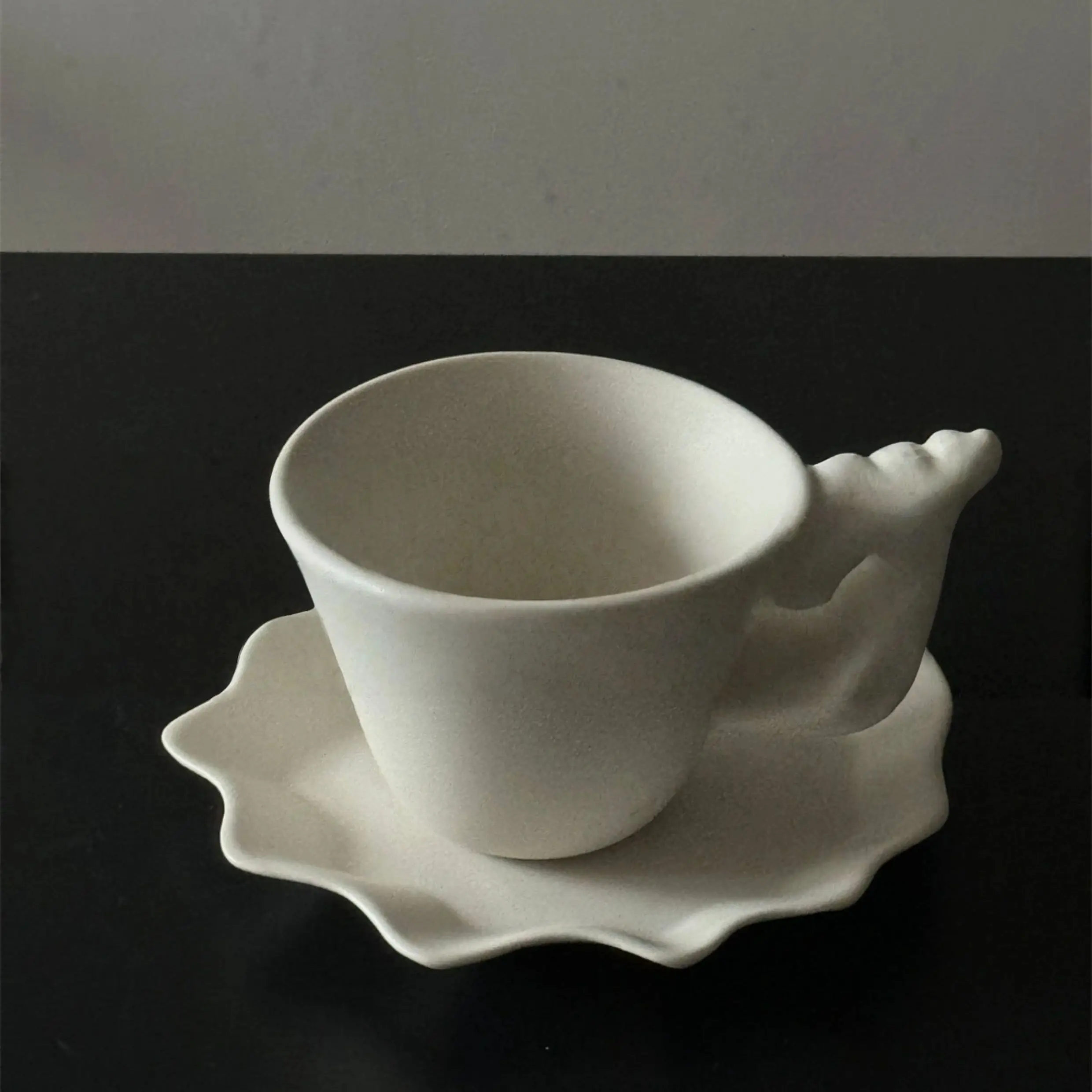Vintage Matte Ceramic Coffee Cup & Saucer Set with Conch Shell Relief Handcrafted Conch Shell Embossed Tableware