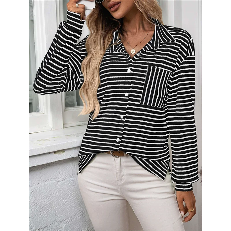 

ABRT-Womens Button Down Shirts Striped Classic Long Sleeve Collared Office Work Blouses Tops With Pocket