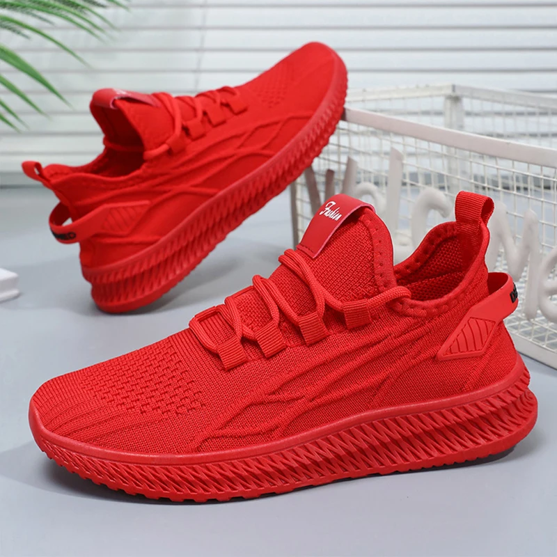 Trendy Summer Comfortable Sneakers Women Outdoor Casual Running Shoes Women\'s Knit Mesh Breathable Sports Shoes Red Yellow