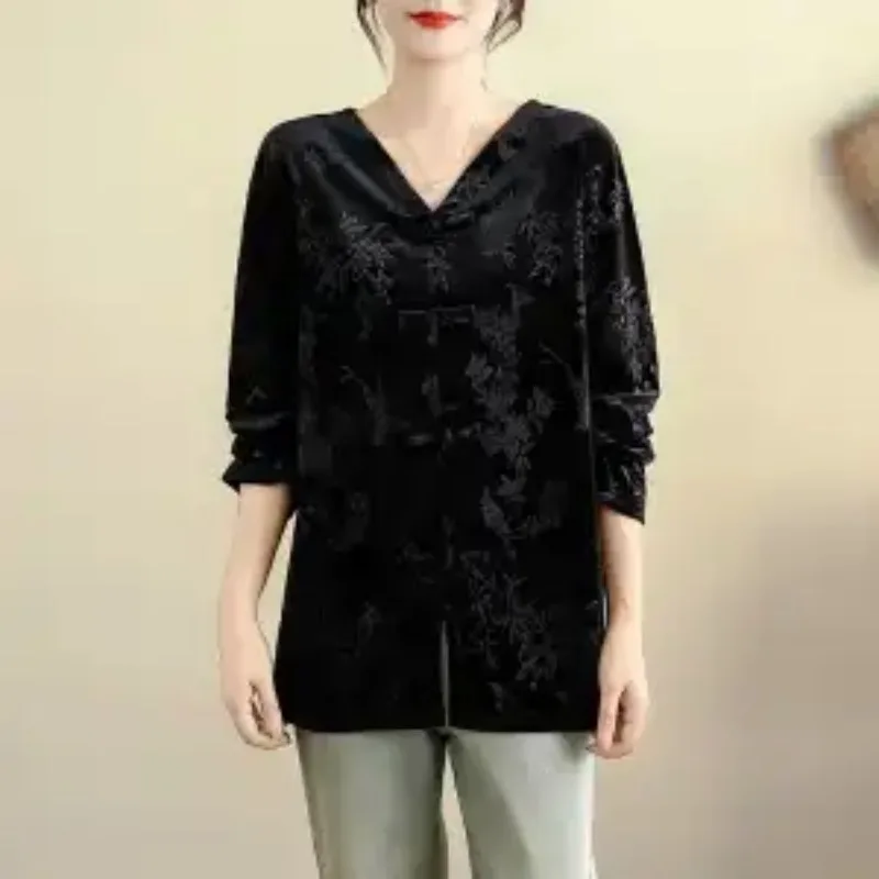 เสื้อสตรีแขนยาวพิมพ์ลายเรขาคณิตสีตัดกัน คอกลม สไตล์ลำลอง สวยหรู สำหรับฤดูใบไม้ร่วงและฤดูหนาว