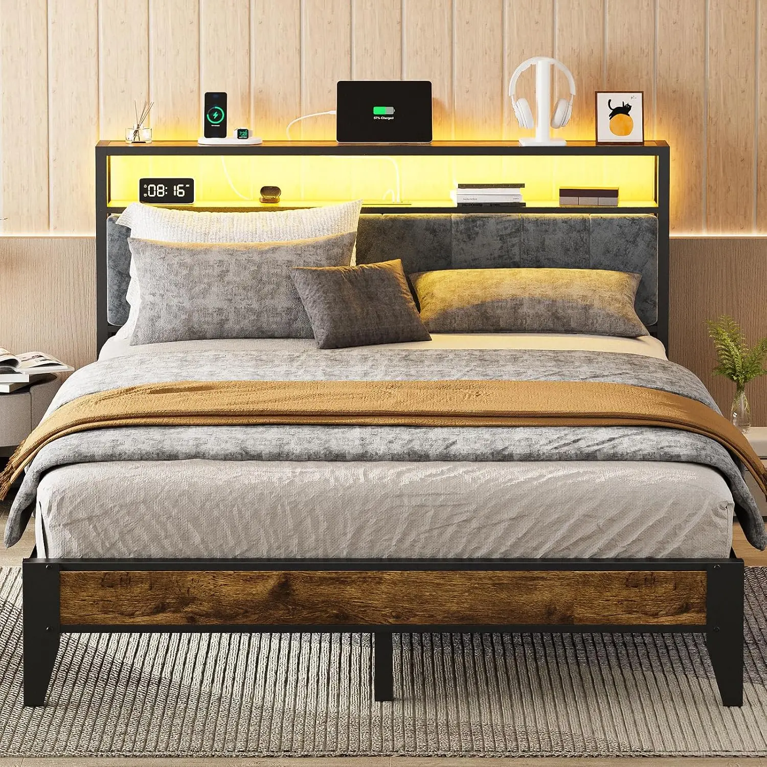 Queen Metal Platform Bed Frame with Charging Station, RGB LED Lights and 2-Tier Storage Headboard, Black