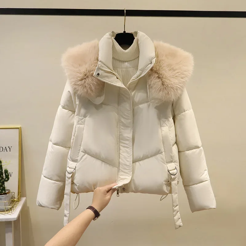 Chaqueta acolchada con capucha para mujer, abrigo grueso de algodón con cuello de piel, diseño elegante de manga larga, prendas de vestir exteriores