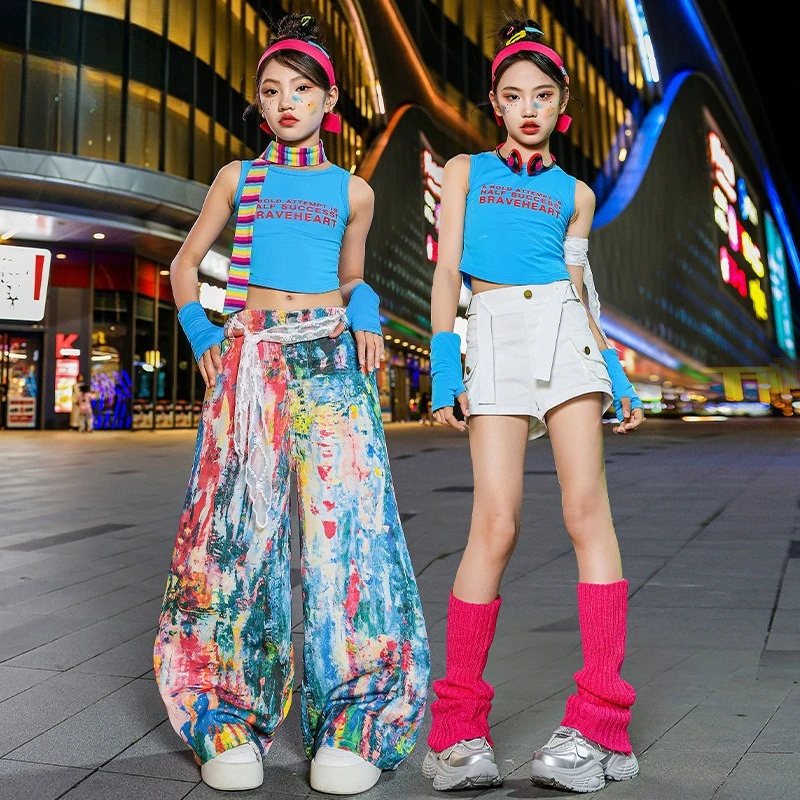 

Girls Streetwear Hip Hop Blue Crop Top Print Pants Fashion Street Dance Jazz Catwalk Show Clothes Sets Group Kpop Stage Costumes