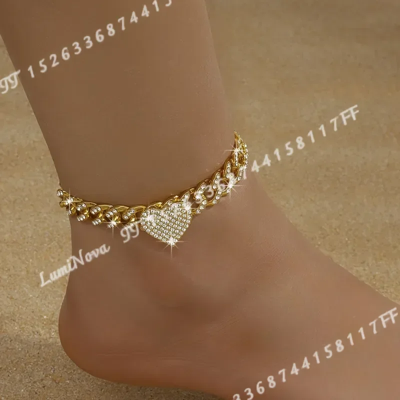 1pc Iced Out Rhinestone Heart Anklet Luxurious Gold Cuban Link Chain Sparkling Stones Women Casual Party Accessories High
