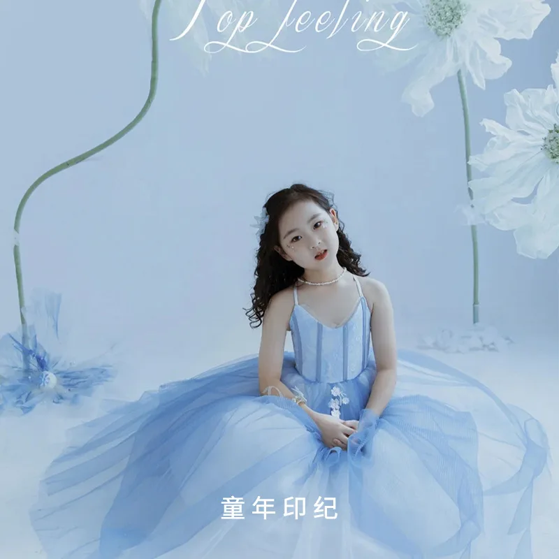 Children's Dress Princess Dress New Long Sleeve Girls Birthday Evening Dress Puffy Dress Piano Performance Dress Flower Girl Wed