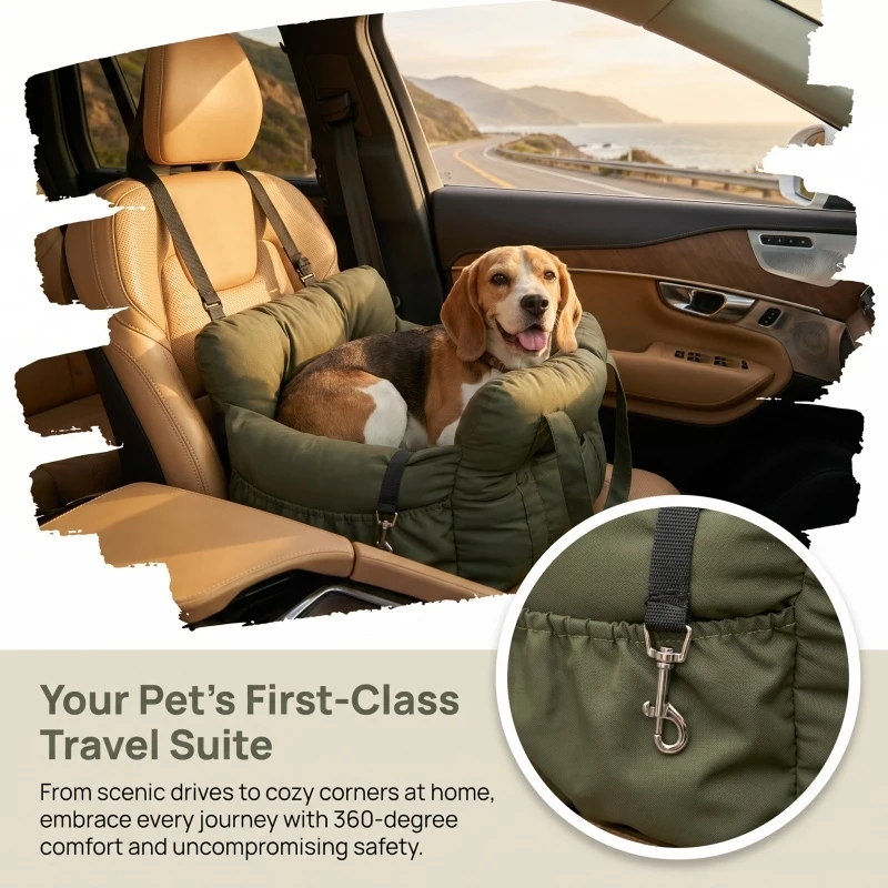 

Dog Car Seat with Safety Belt - Non-Slip Pet Car Bed for Small Dogs, Washable Travel Carrier with Secure Straps for Safe Car