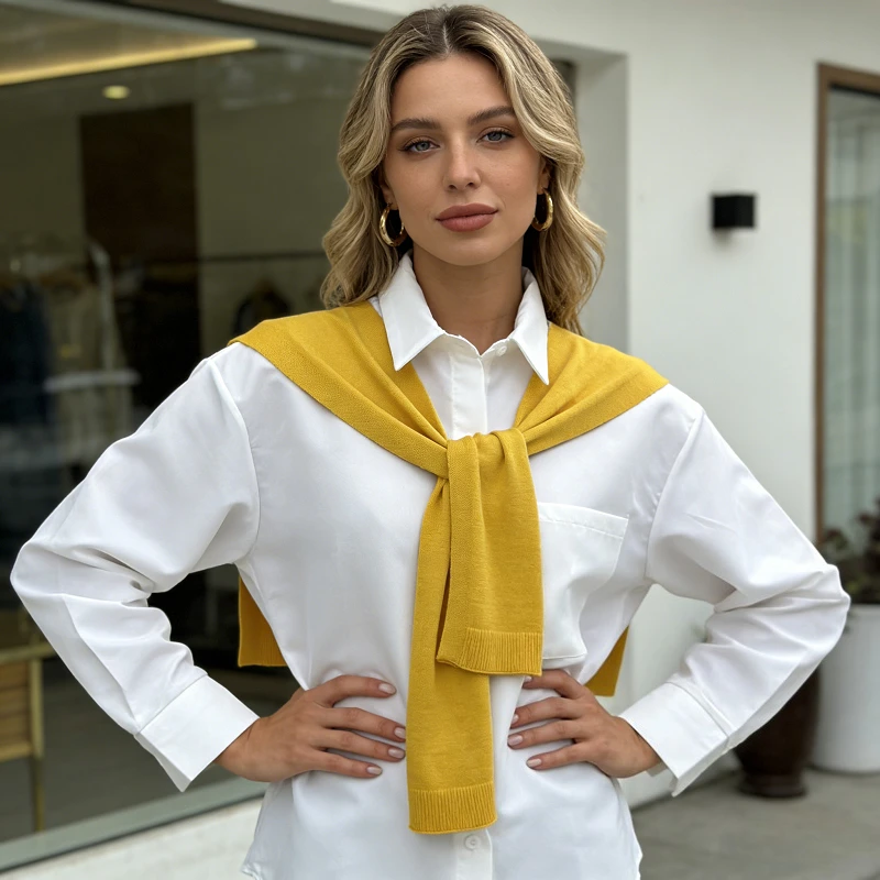 

E-BAIHUI Women's Solid Color Shirt Ladies with Shawl Single Pocket Button Up Blouses Loose Comfortable Versatile Famale Top