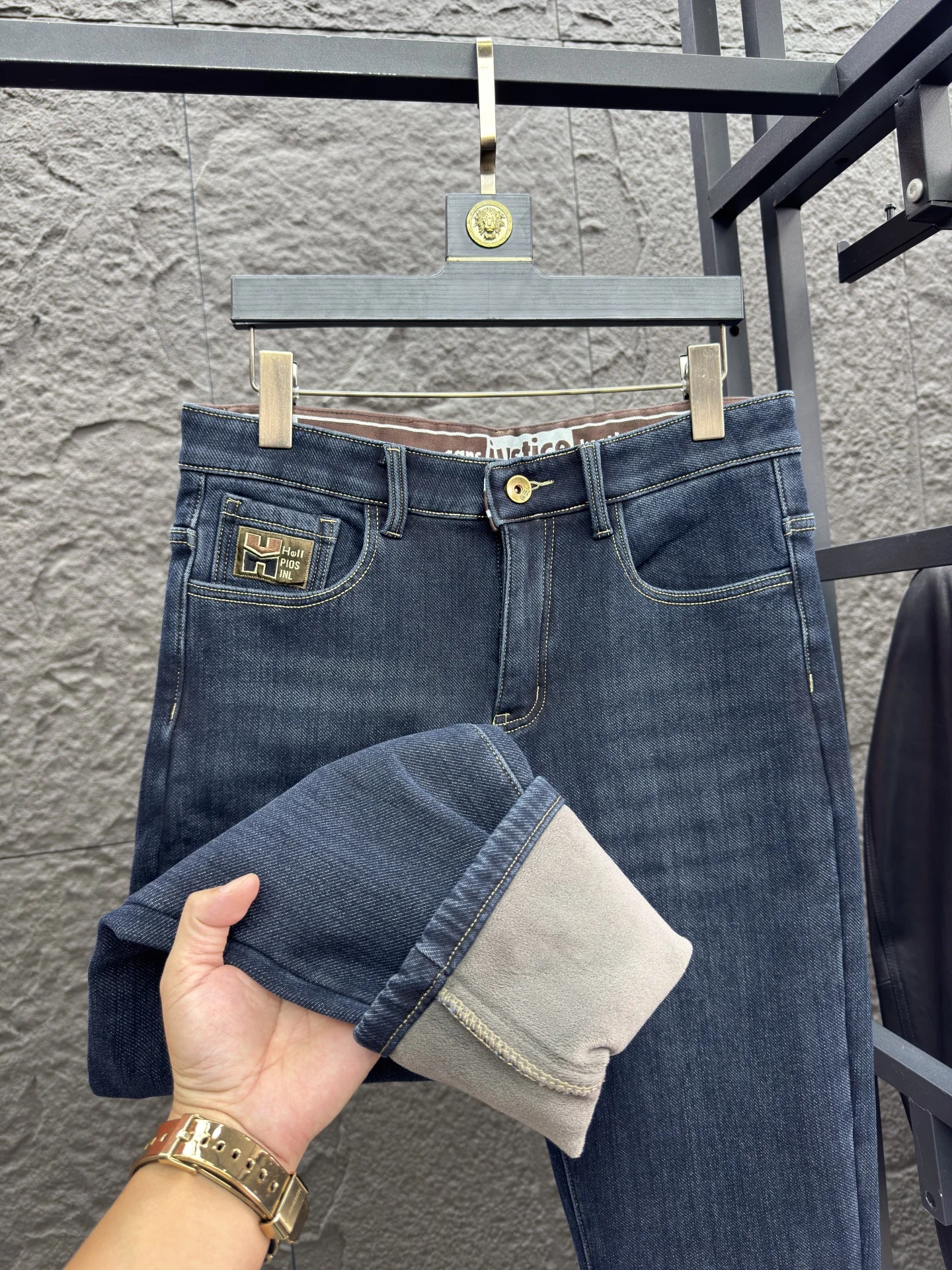 

Men's Fce Lined Thiened Denim Pants Winter Straight Leg Slim Fit Casual Comfortable Warmth Low Waist hine Embroidery