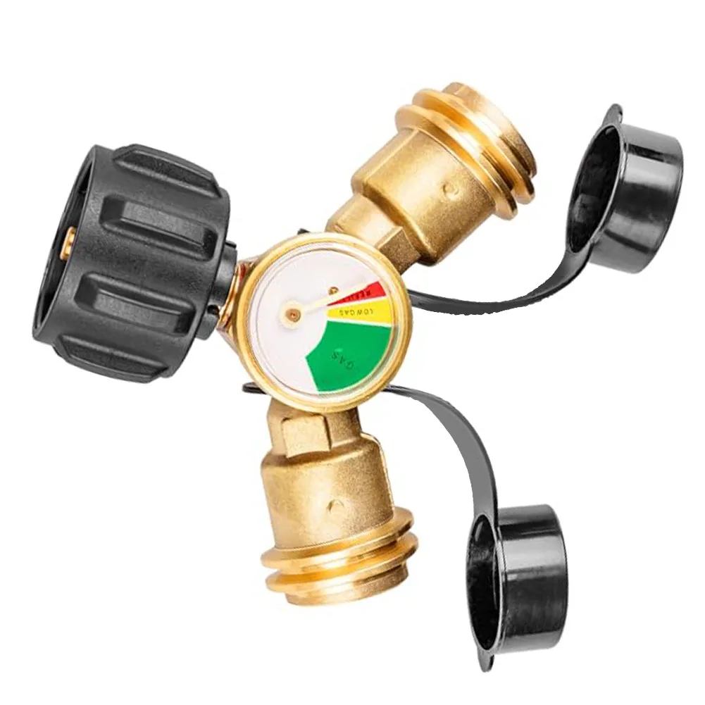 1PC BBQ Propane Splitter Brass Propane Y Splitter Dual-Propane Y-Splitter With Pressure Gauge & Shutoff Valve For Camping