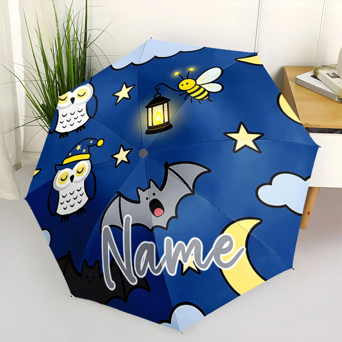 Custom Name Umbrella Night Owl Adventures Umbrella Print 8 Iron Ribs Folding Umbrella Auto-Open Fashion Sunshade