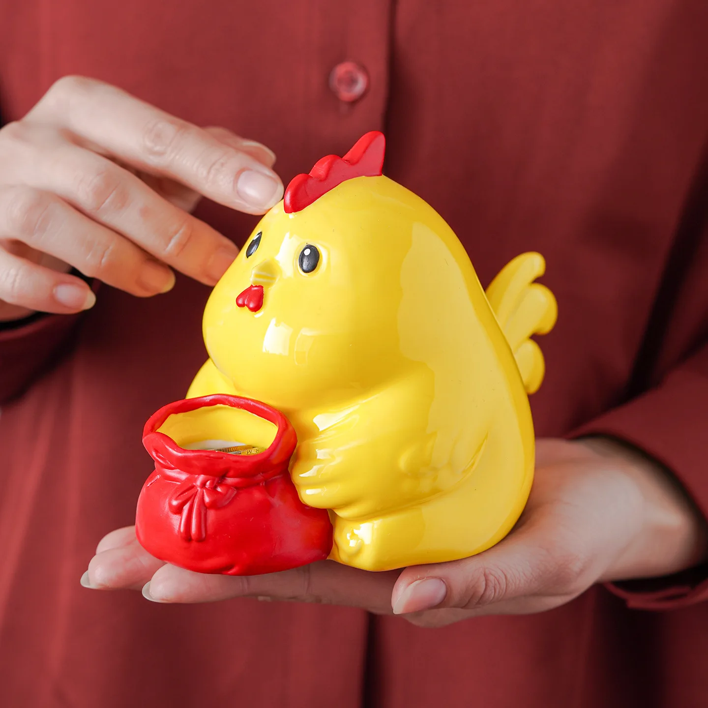 Yellow Chicken Tea Pet Hand-held Ornament Creative and Cute Cartoon Piggy Bank Household Desktop Ceramic Decorations