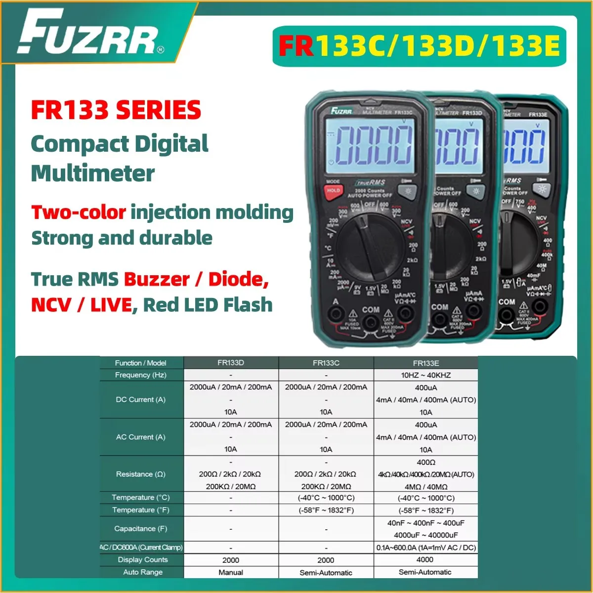 FUZRR FR133C/D/E Compact Digital Multimeter NCV Non-contact Voltage Auto Range Temperature Frequency Meter Electrician Tool
