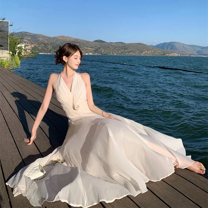 Abito Lungo da Cerimonia in Pizzo Floreale Bianco, Stile Dr. Vaion, Vita Alta, in Fibra di Poliestere, Ciwalk